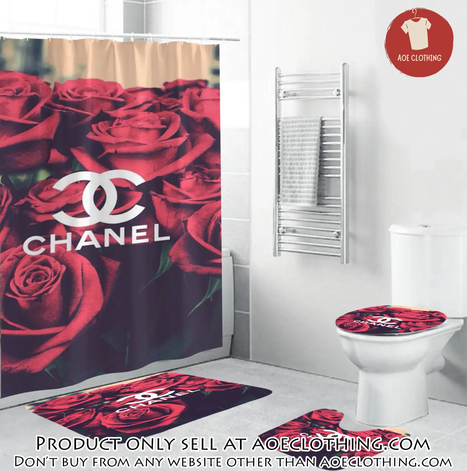 Coco chanel logo in red roses background bathroom set shower curtain aoe0655663